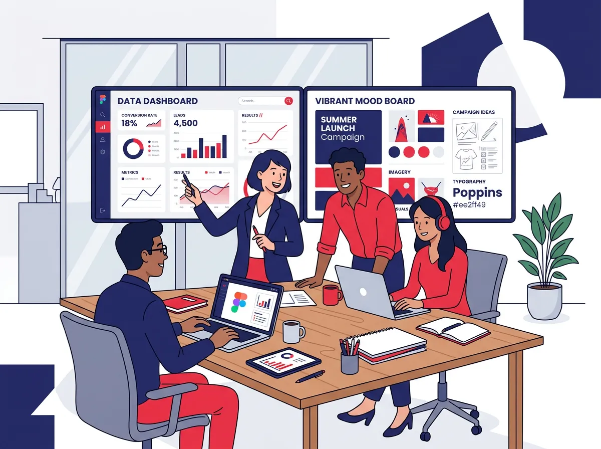A marketing team working collaboratively on a creative campaign, with digital screens showing data dashboards and mood boards side by side, symbolizing the creative-technical overlap in modern marketing roles
