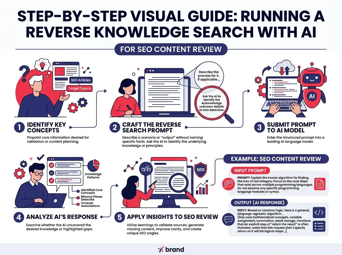 Step-by-step visual guide showing how to run a reverse knowledge search prompt using AI, with example inputs and outputs for SEO content review