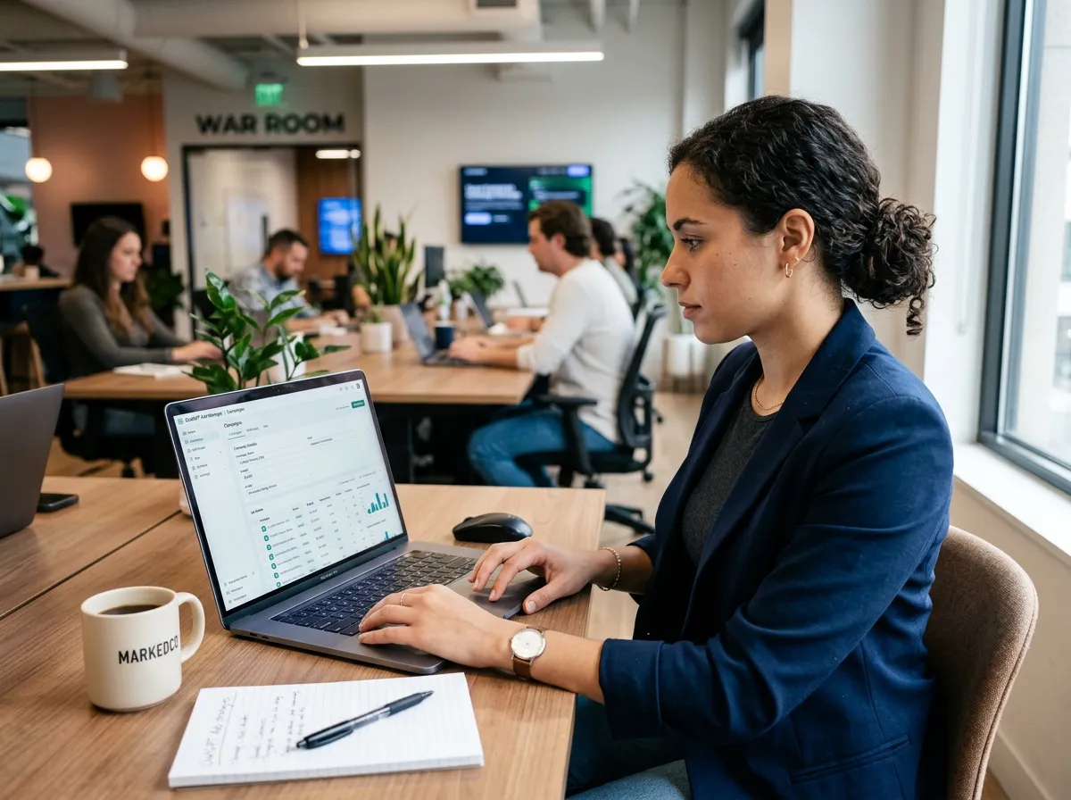 A marketer working on a laptop setting up campaigns inside the ChatGPT Ads Manager dashboard