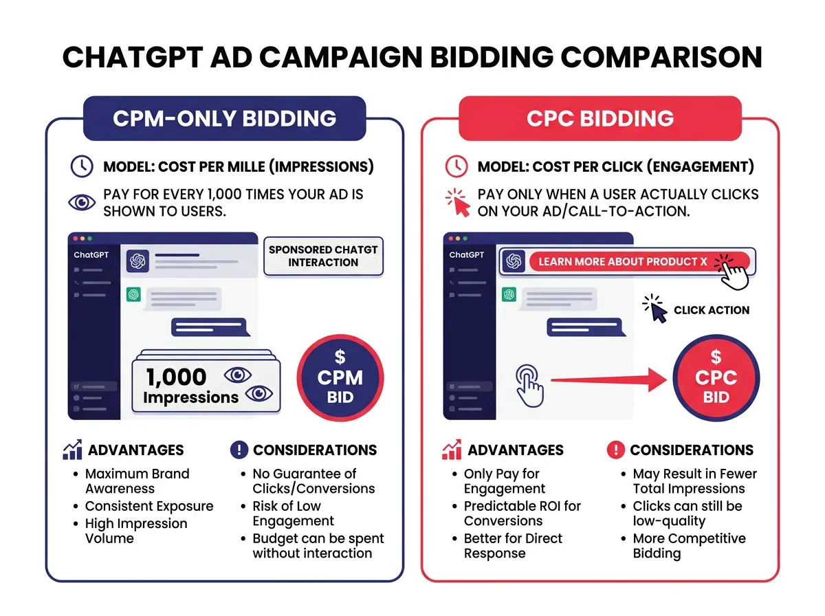 A side-by-side comparison diagram showing CPM-only bidding versus CPC bidding in a ChatGPT ad campaign setup