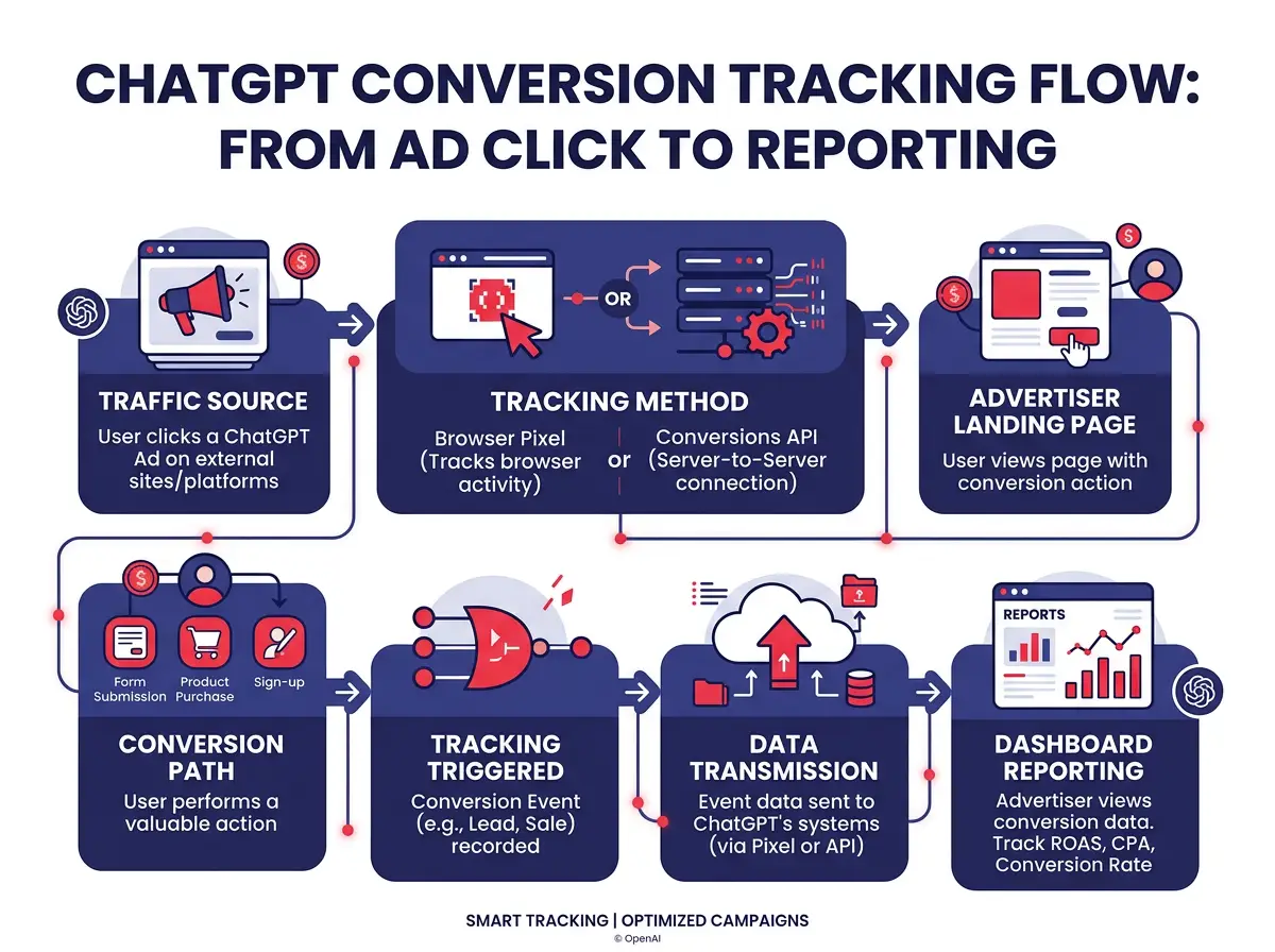 An infographic showing how ChatGPT conversion tracking flows from ad click through pixel or Conversions API to advertiser dashboard reporting