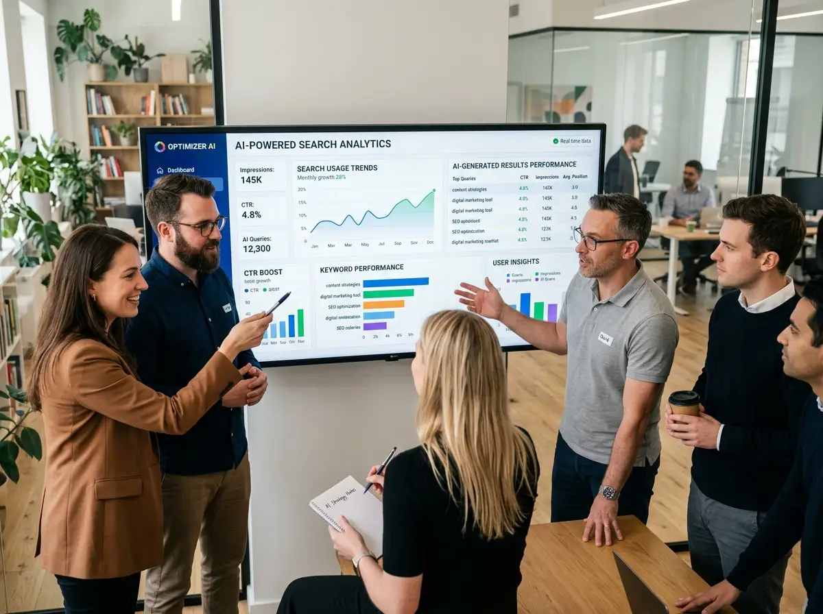A marketing team gathered around a screen reviewing AI-generated search results and analytics data