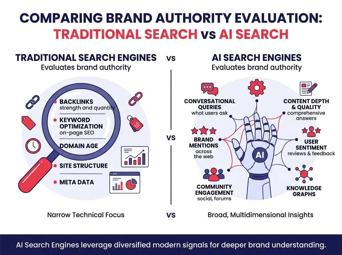 A visual comparison showing how traditional search engines versus AI search engines evaluate brand authority, highlighting the multiple signal sources AI pulls from