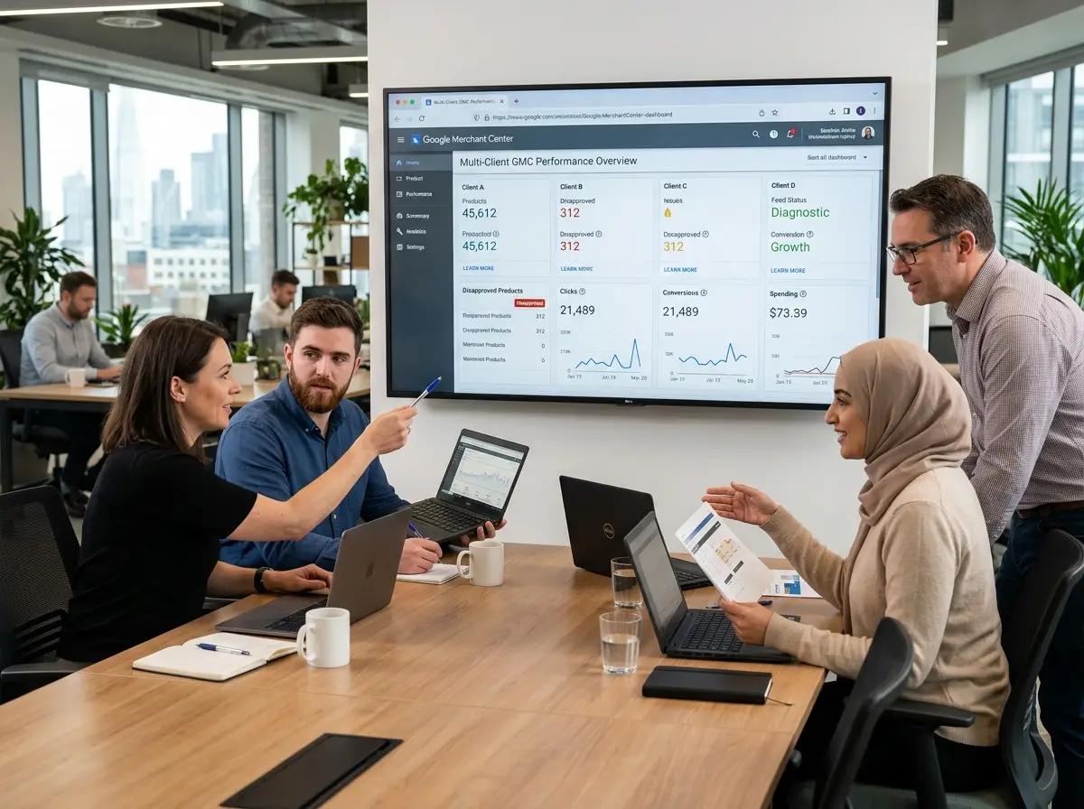 Agency team reviewing a multi-client Google Merchant Center dashboard on a large monitor in a modern office