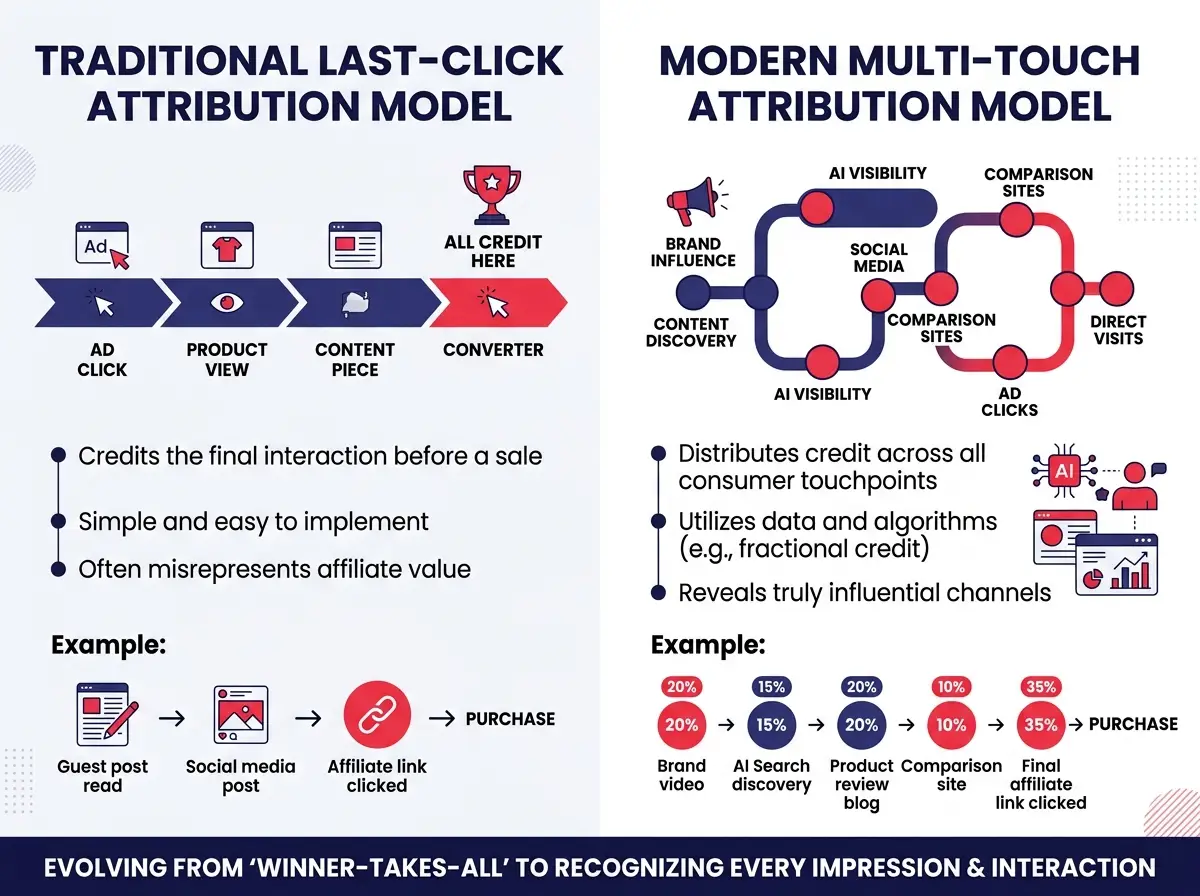 อินโฟกราฟิกเปรียบเทียบโมเดล Affiliate Attribution แบบ Last-Click เก่าเทียบกับ Multi-Touch Attribution สมัยใหม่ที่คำนึงถึงการมองเห็นใน AI และอิทธิพลต่อแบรนด์