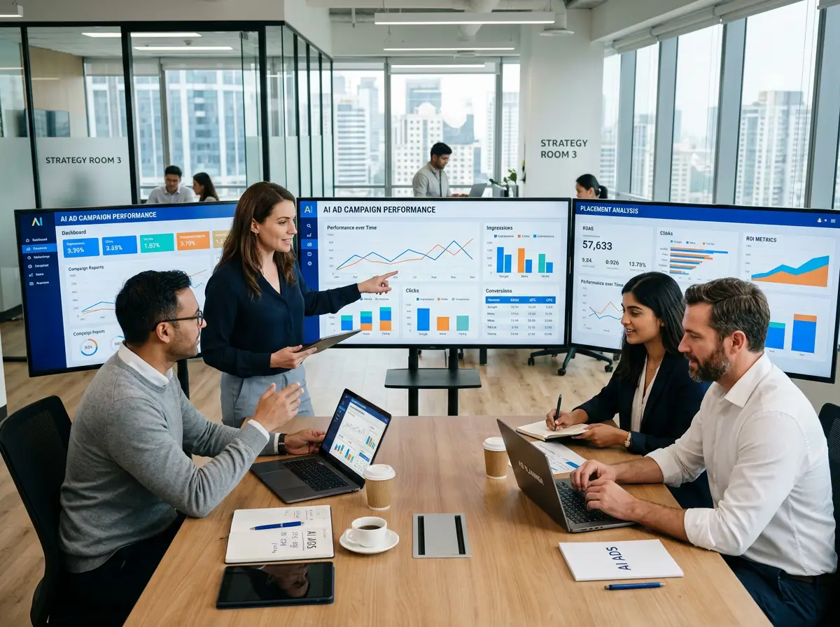 A marketing team reviewing AI ad placements and performance data on multiple screens in a modern office setting