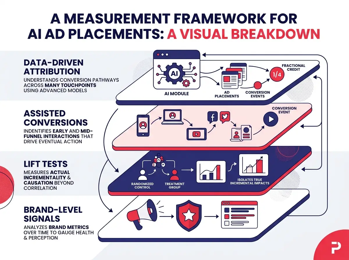 A visual breakdown of the measurement framework for AI ad placements, showing data-driven attribution, assisted conversions, lift tests, and brand-level signals in a layered diagram