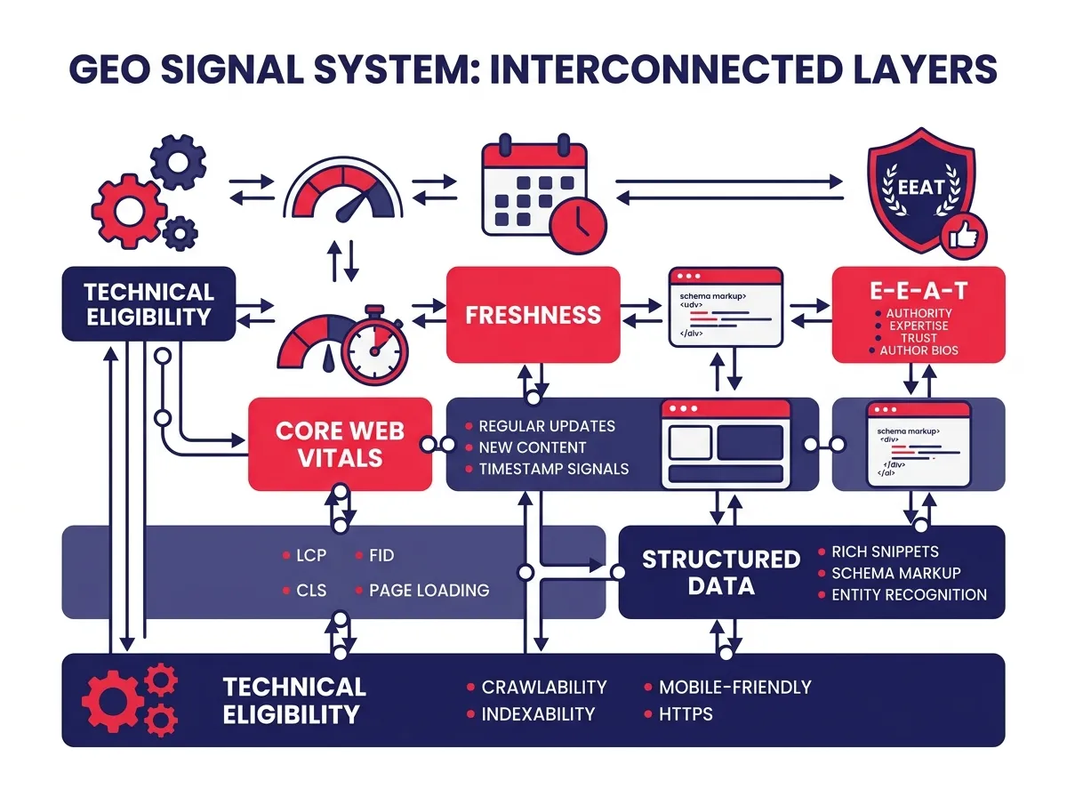 ภาพรวมระบบสัญญาณ GEO: E-E-A-T, Structured Data, ความสดใหม่, Core Web Vitals และความพร้อมทางเทคนิคในรูปแบบชั้นที่เชื่อมต่อกัน