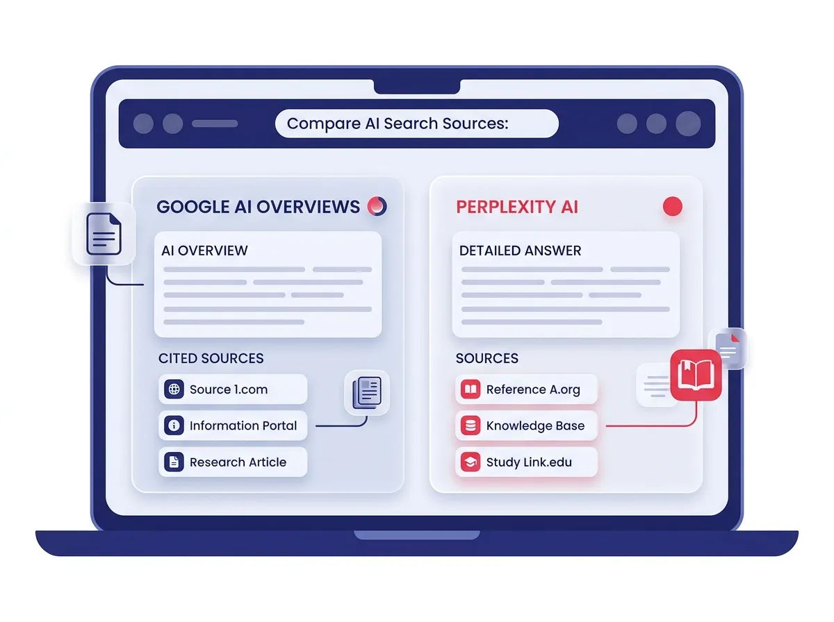ผลลัพธ์ AI Search บนแล็ปท็อป เปรียบเทียบแหล่งอ้างอิงใน Google AI Overviews และ Perplexity
