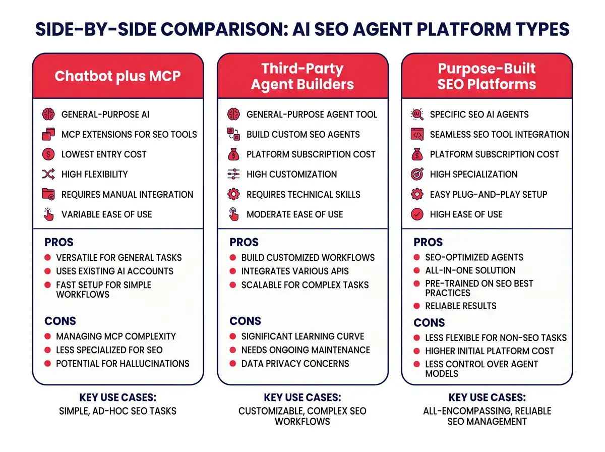 A side-by-side comparison diagram of three AI SEO agent platform types: Chatbot plus MCP, third-party agent builders, and purpose-built SEO platforms
