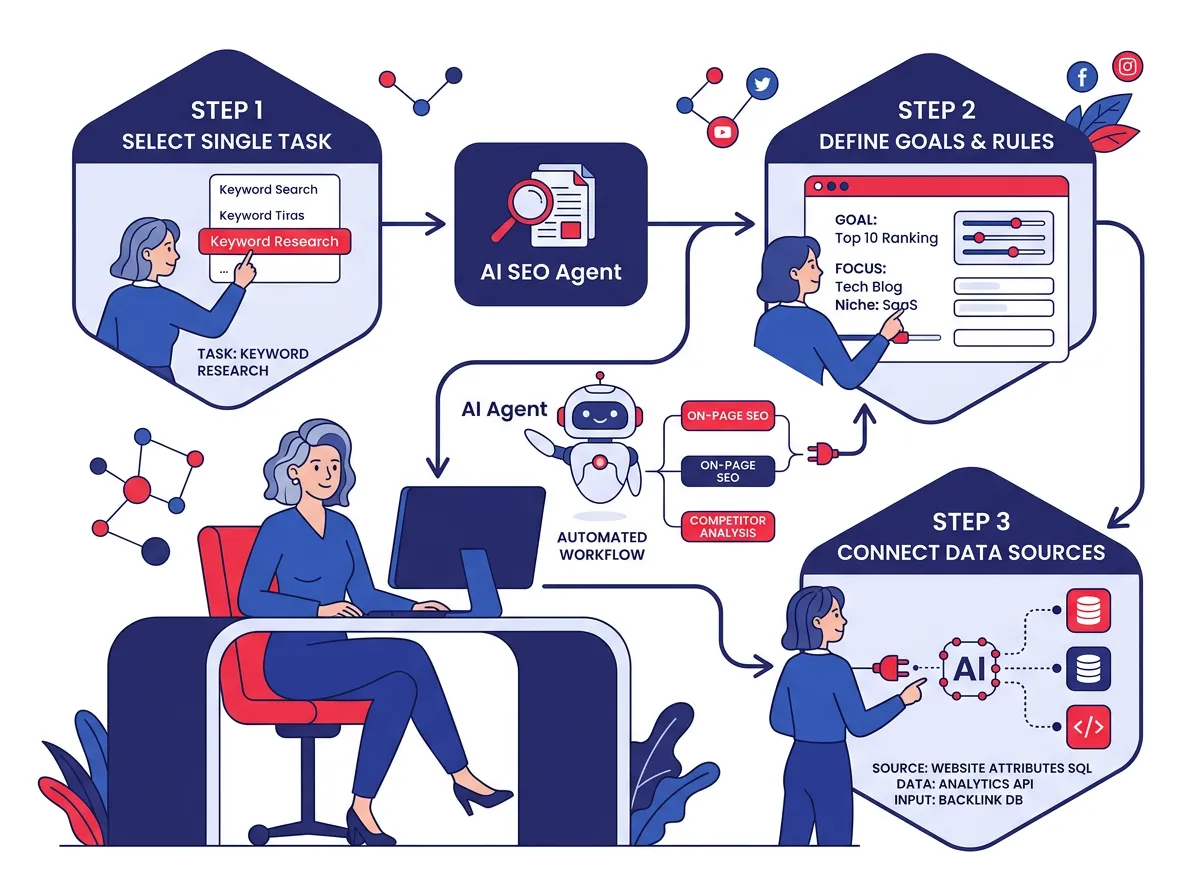 A step-by-step illustration showing a marketing team member building an AI SEO agent workflow, from selecting a single task to connecting data sources