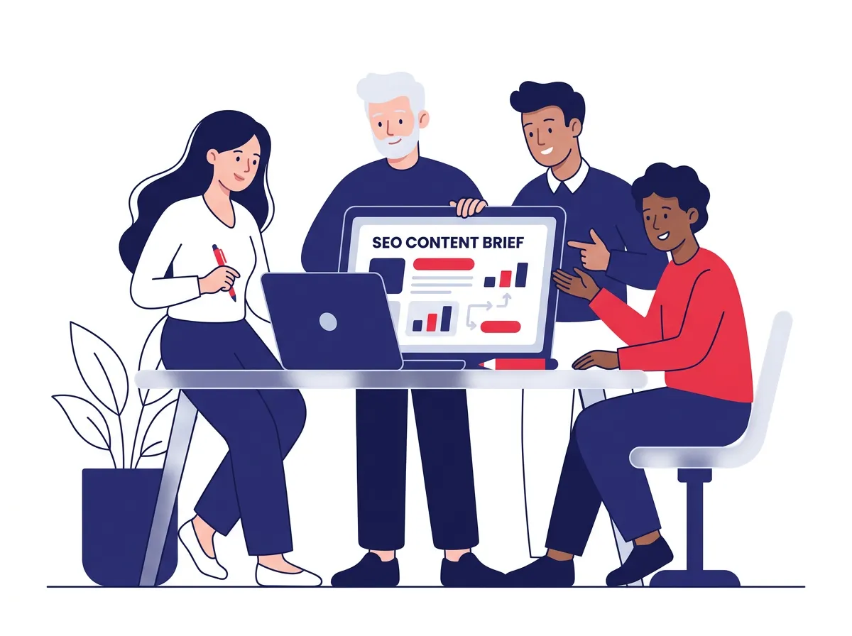 Glassmophobic image of a modeled marketing team reviewing an AI-generated SEO content brief on a laptop in a modern office setting
