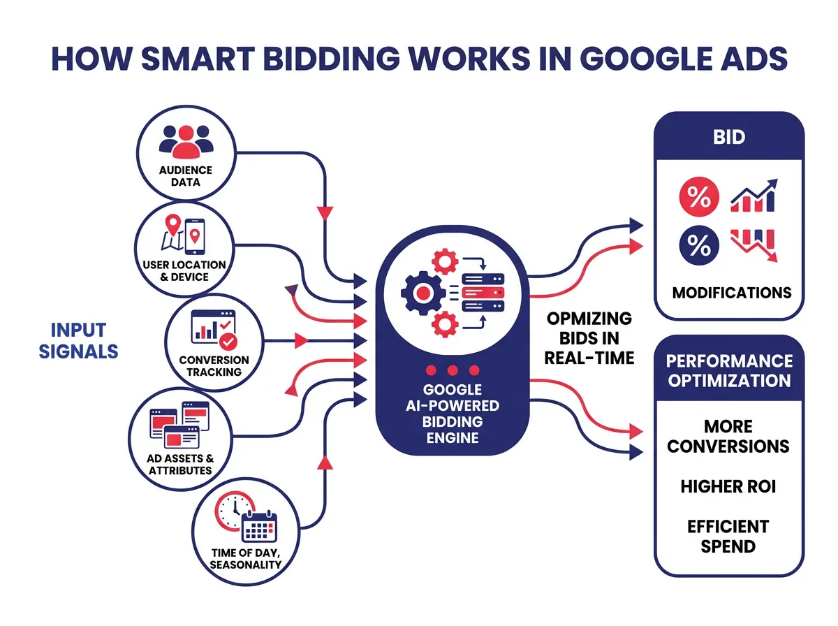 A diagram showing how Smart Bidding works in Google Ads, illustrating how input signals like audience data, conversion tracking, and ad assets feed into the AI to optimize bids in real time