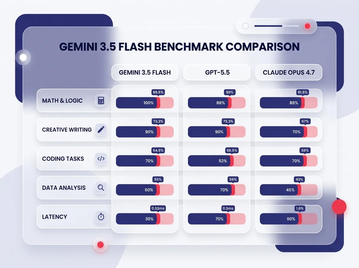 Gemini 3.5 Flash benchmark comparison chart showing performance against GPT-5.5 and Claude Opus 4.7 across multiple tests in a glassmophobic design.