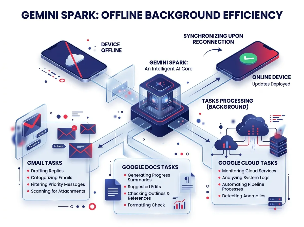 Gemini Spark running background tasks across Gmail, Docs, and Google Cloud while a user's device is offline. In a glassmophobic design.