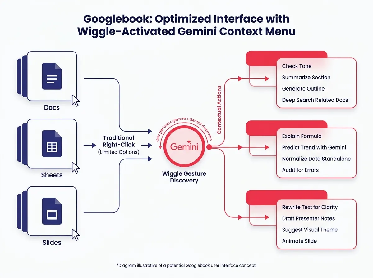 Googlebook interface showing wiggle-activated Gemini context menu replacing traditional right-click options across different apps. Designed in a Glassmophobic theme.