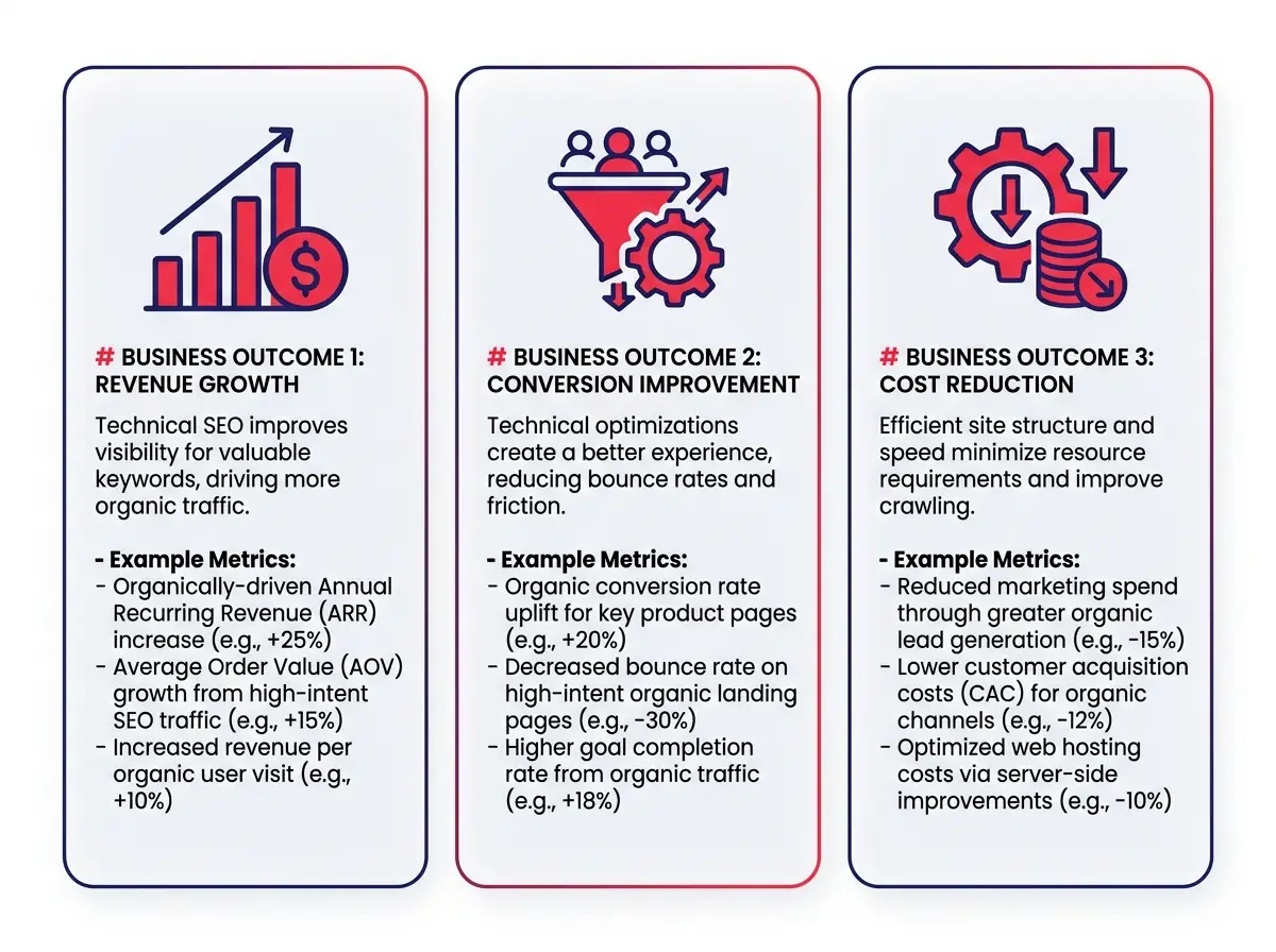 Glassmophobic Infographic showing three technical SEO business outcomes: revenue growth, conversion improvement, and cost reduction, each with example metrics