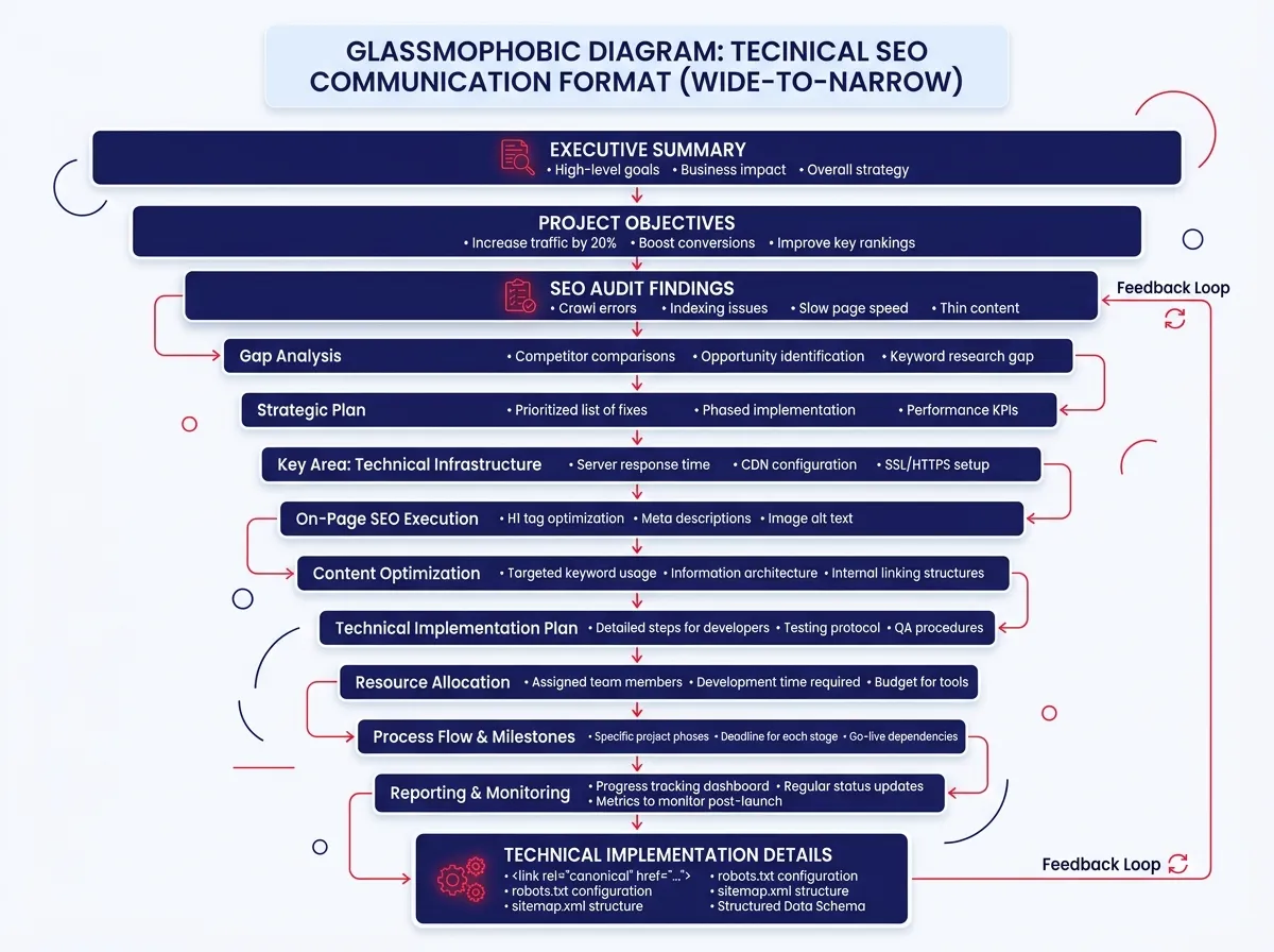 Glassmophobic Diagram showing the wide-to-narrow communication format for technical SEO projects, from executive summary down to technical implementation details