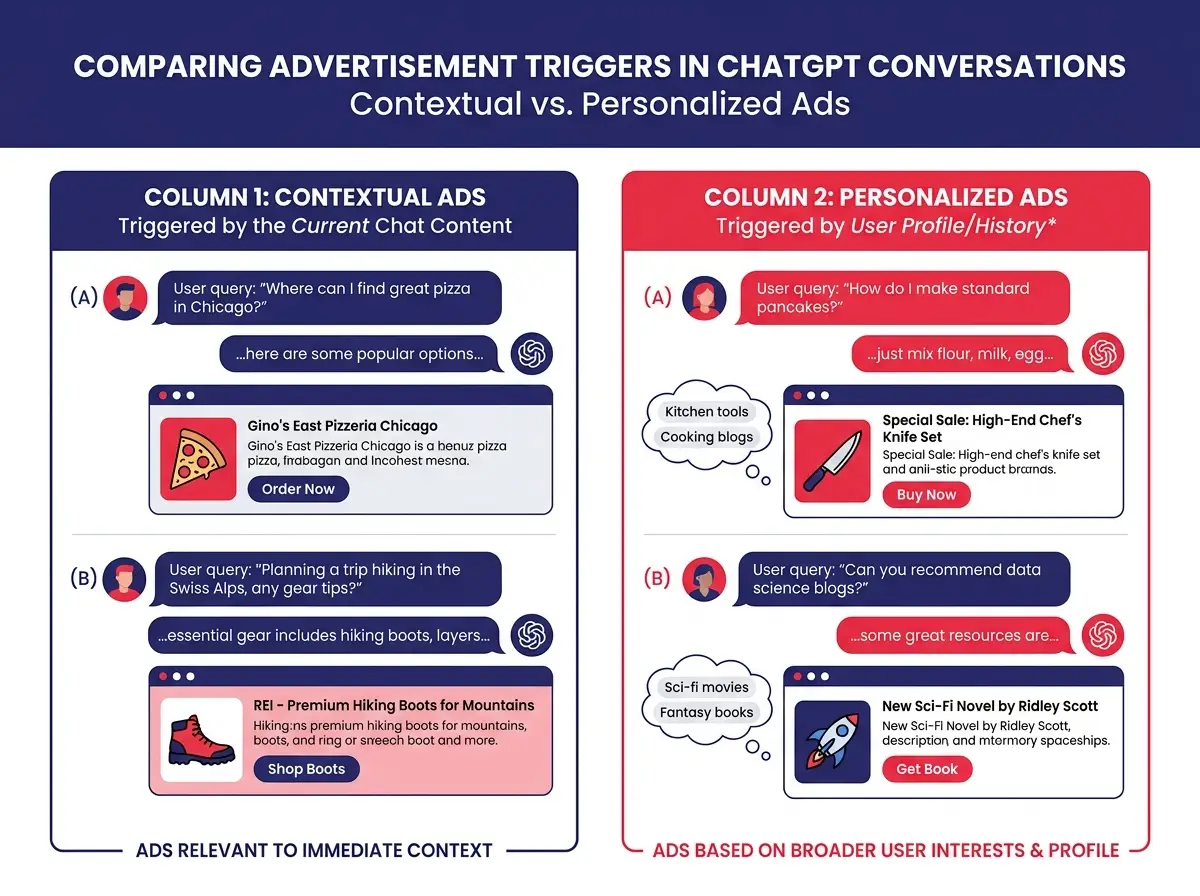 Side-by-side comparison showing how contextual ads versus personalized ads are triggered inside a ChatGPT conversation, with example queries and corresponding ad types