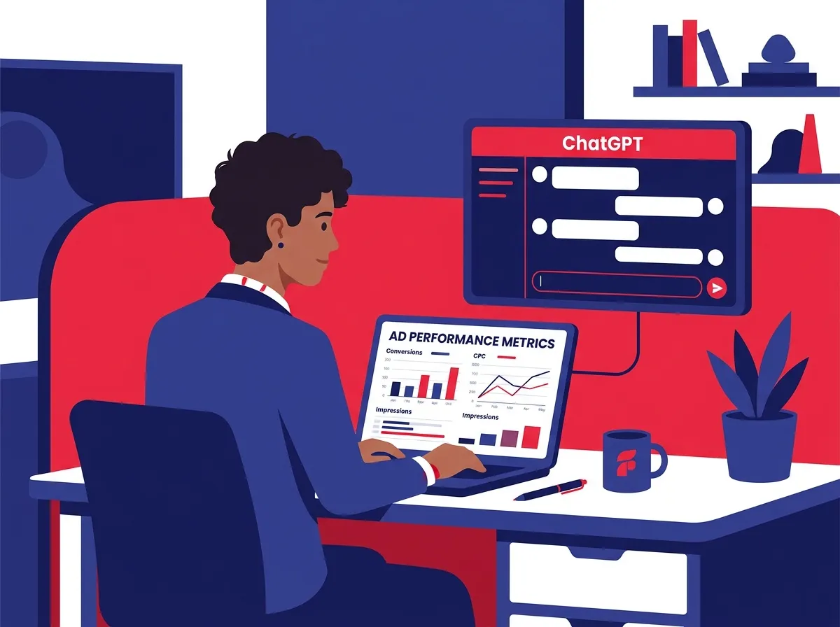 A glassmophobic business professional reviewing ad performance metrics on a laptop screen while using ChatGPT on a second monitor