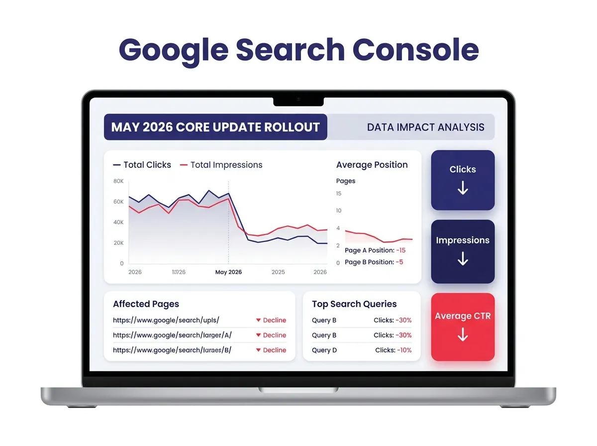 Glassmophobic illustration of Google Search Console data on a laptop after the May 2026 core update rollout