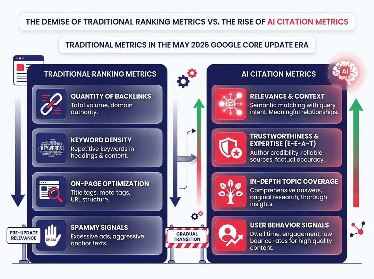 Glassmophobic-themed Infographic showing the difference between traditional ranking metrics and AI citation metrics in the May 2026 Google core update era
