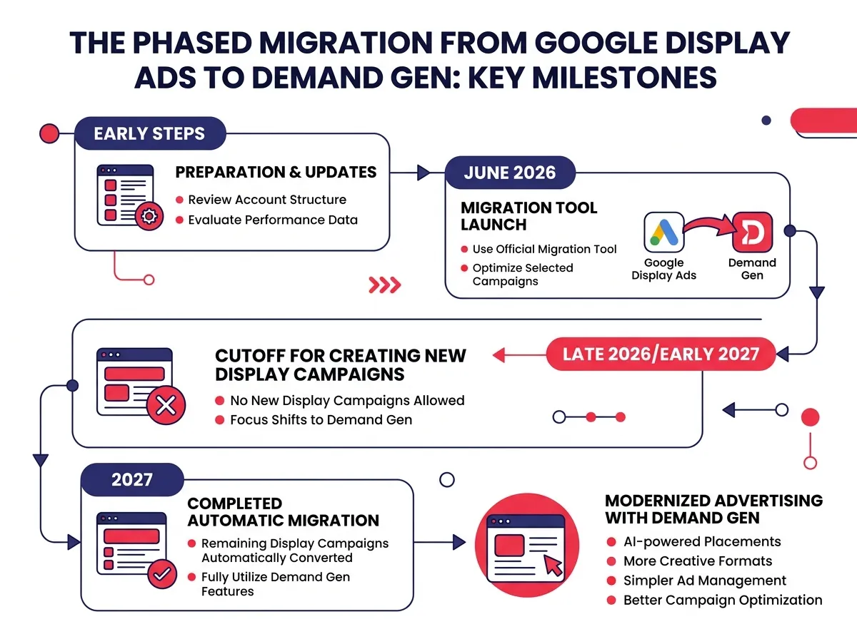 infographic แสดงไทม์ไลน์การย้ายระบบแบบ phased จาก Google Display Ads ไปสู่ Demand Gen พร้อม milestones สำคัญ รวมถึงการเปิดตัว migration tool ในเดือนมิถุนายน 2026 วันสุดท้ายของการสร้างแคมเปญ Display ใหม่ และการย้ายอัตโนมัติที่จะเสร็จสิ้นในปี 2027