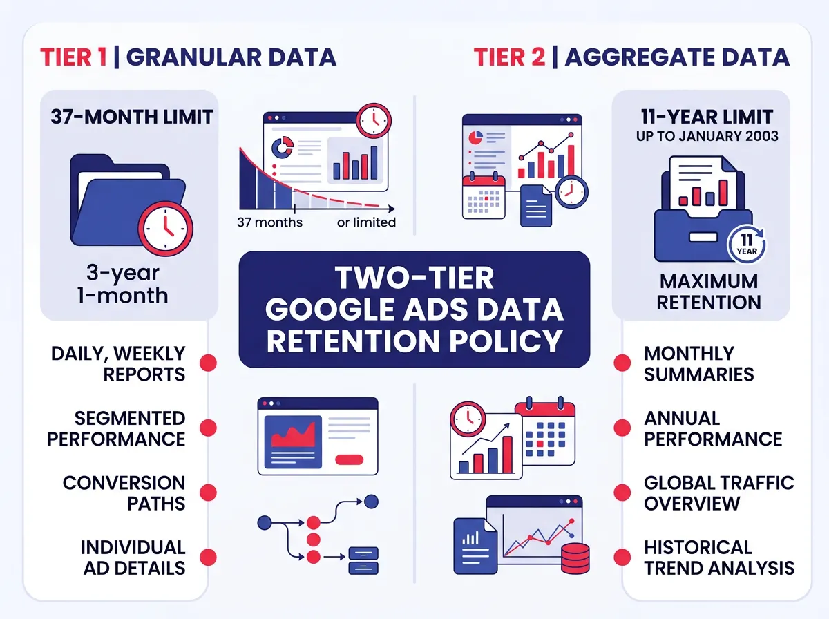 A visual breakdown of the two-tier Google Ads data retention policy showing the 37-month limit for granular data versus the 11-year limit for aggregate monthly and annual data