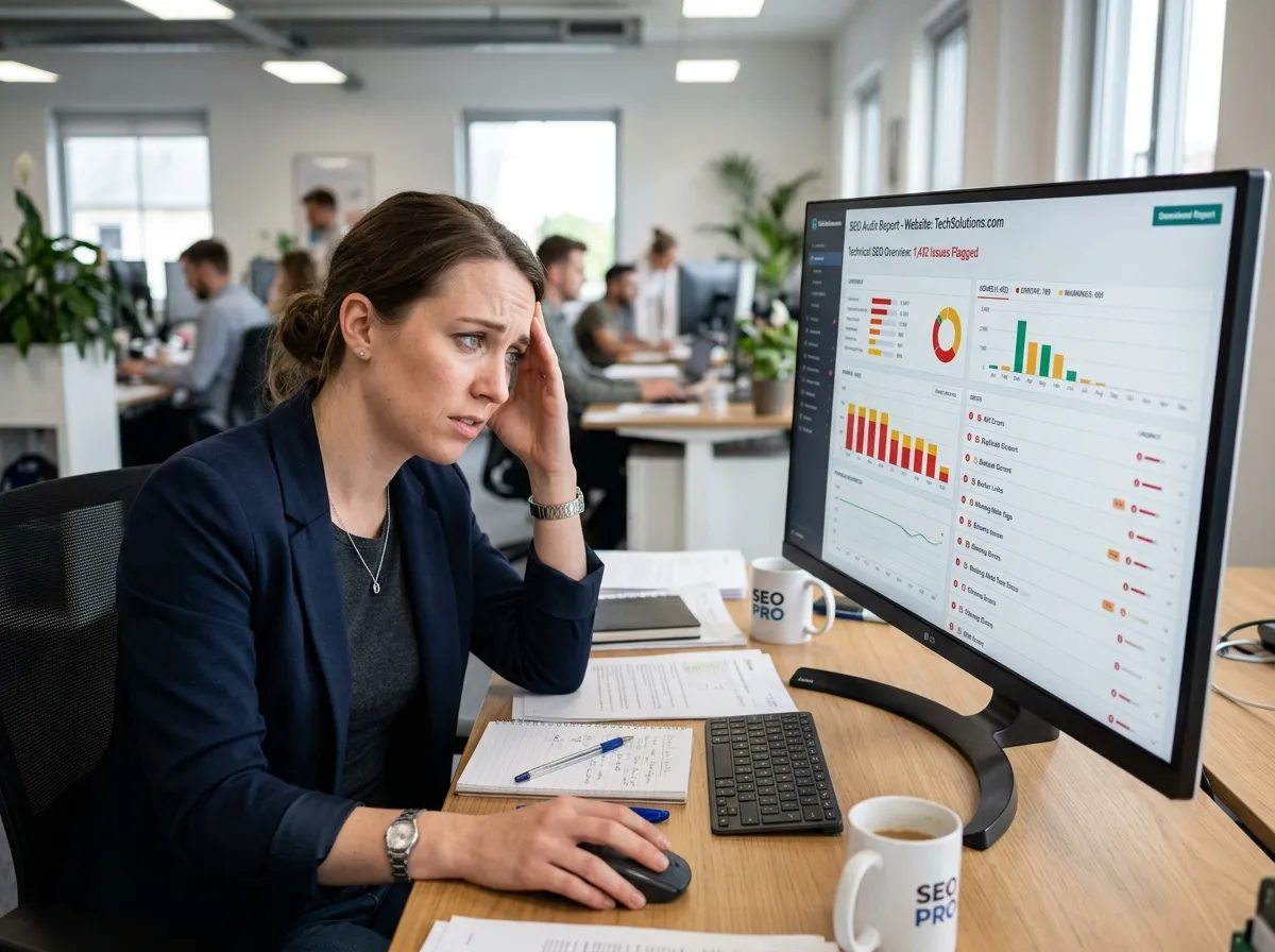 An SEO professional looking at a large audit report on a monitor, appearing overwhelmed by the number of flagged issues