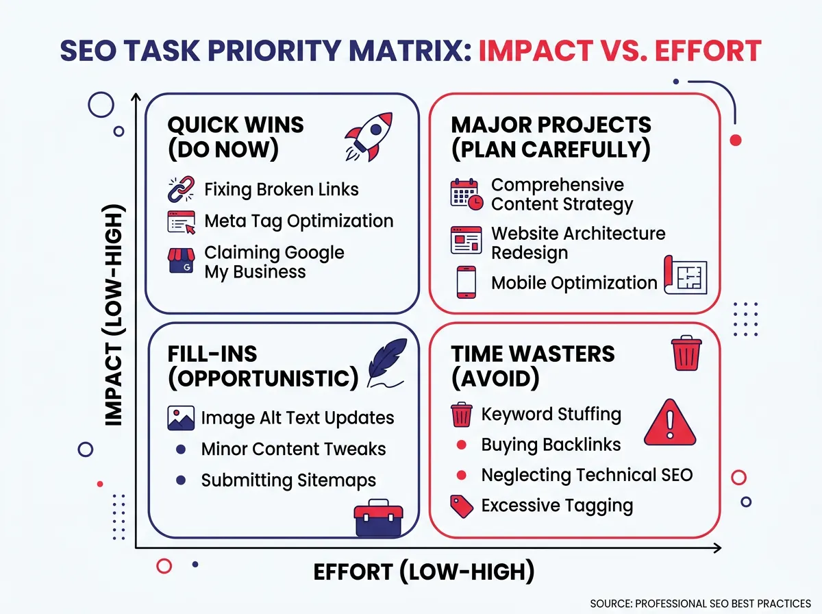A four-quadrant impact versus effort matrix showing how to sort SEO tasks into priority tiers: do now, plan carefully, opportunistic, and avoid