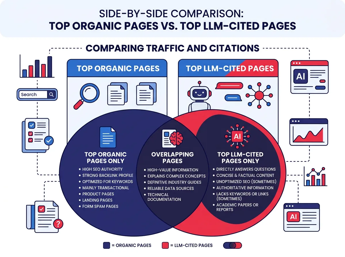 Side-by-side comparison showing top organic pages vs top LLM-cited pages with overlapping and non-overlapping segments