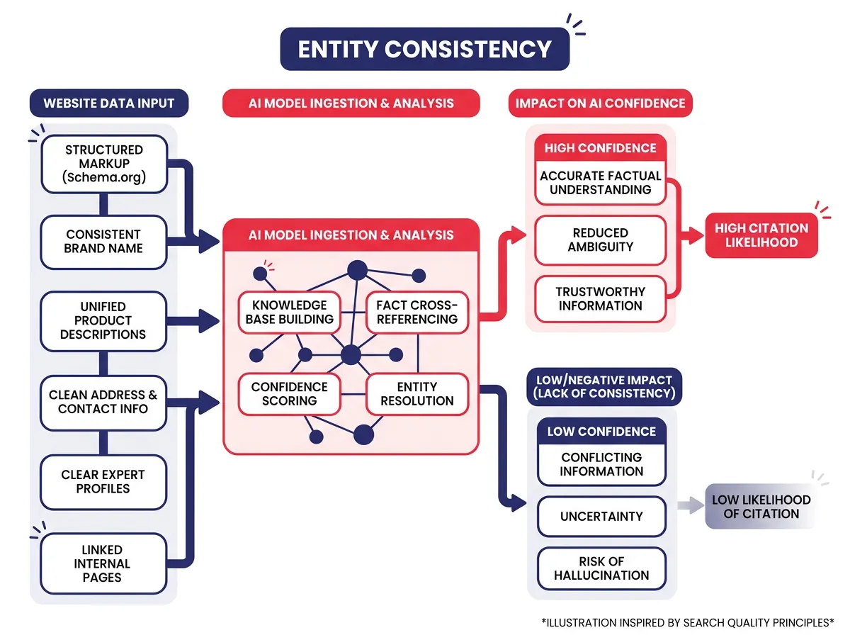 Diagram showing how entity consistency across a website feeds into AI model confidence and citation likelihood