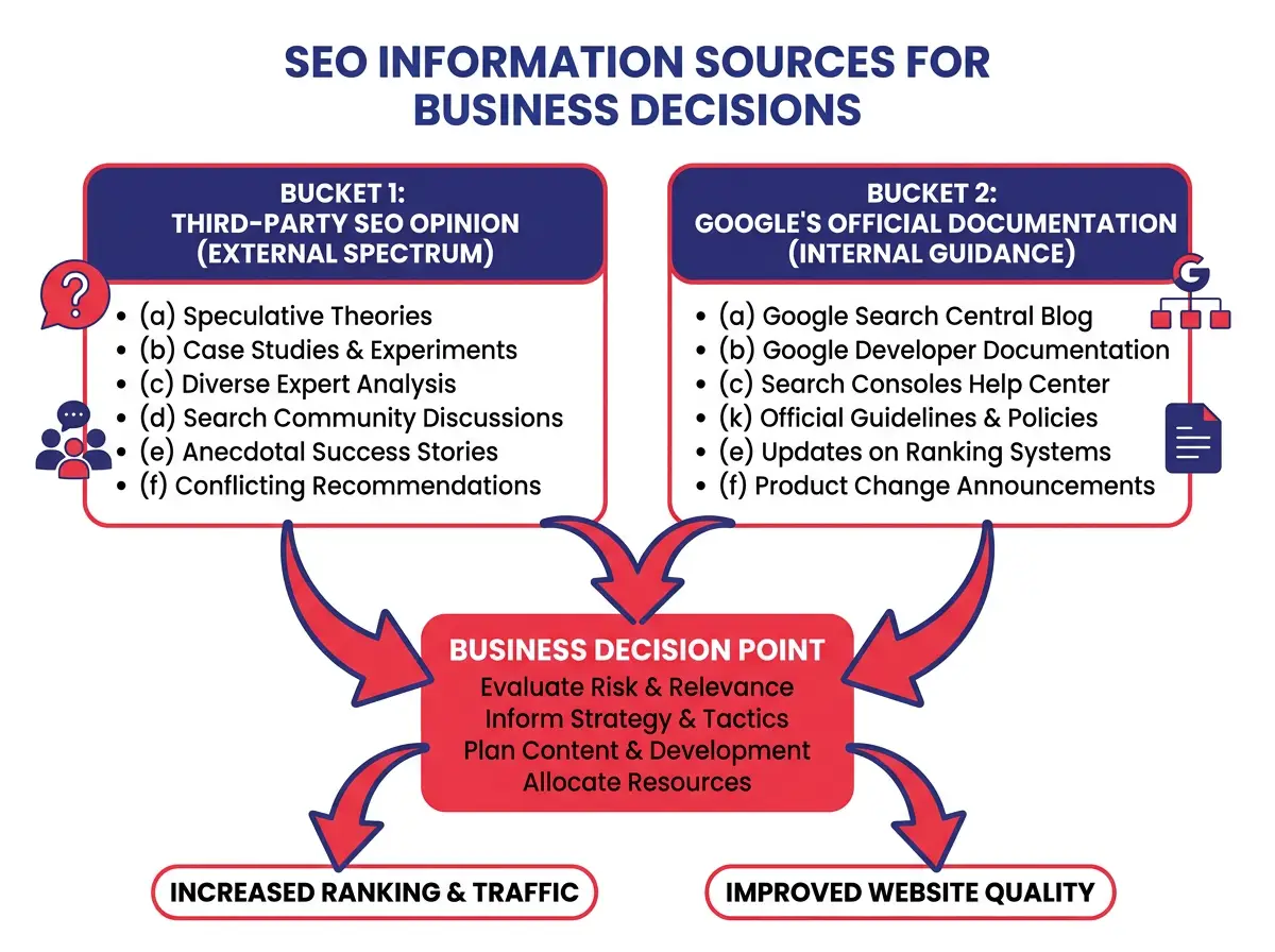 แผนภาพแสดงการแบ่งสองกลุ่มของ Google: ความคิดเห็น SEO จากบุคคลที่สาม vs เอกสารทางการของ Google