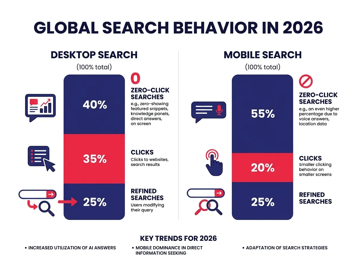 Infographic showing the breakdown of zero-click, click, and refined search percentages across desktop and mobile in 2026