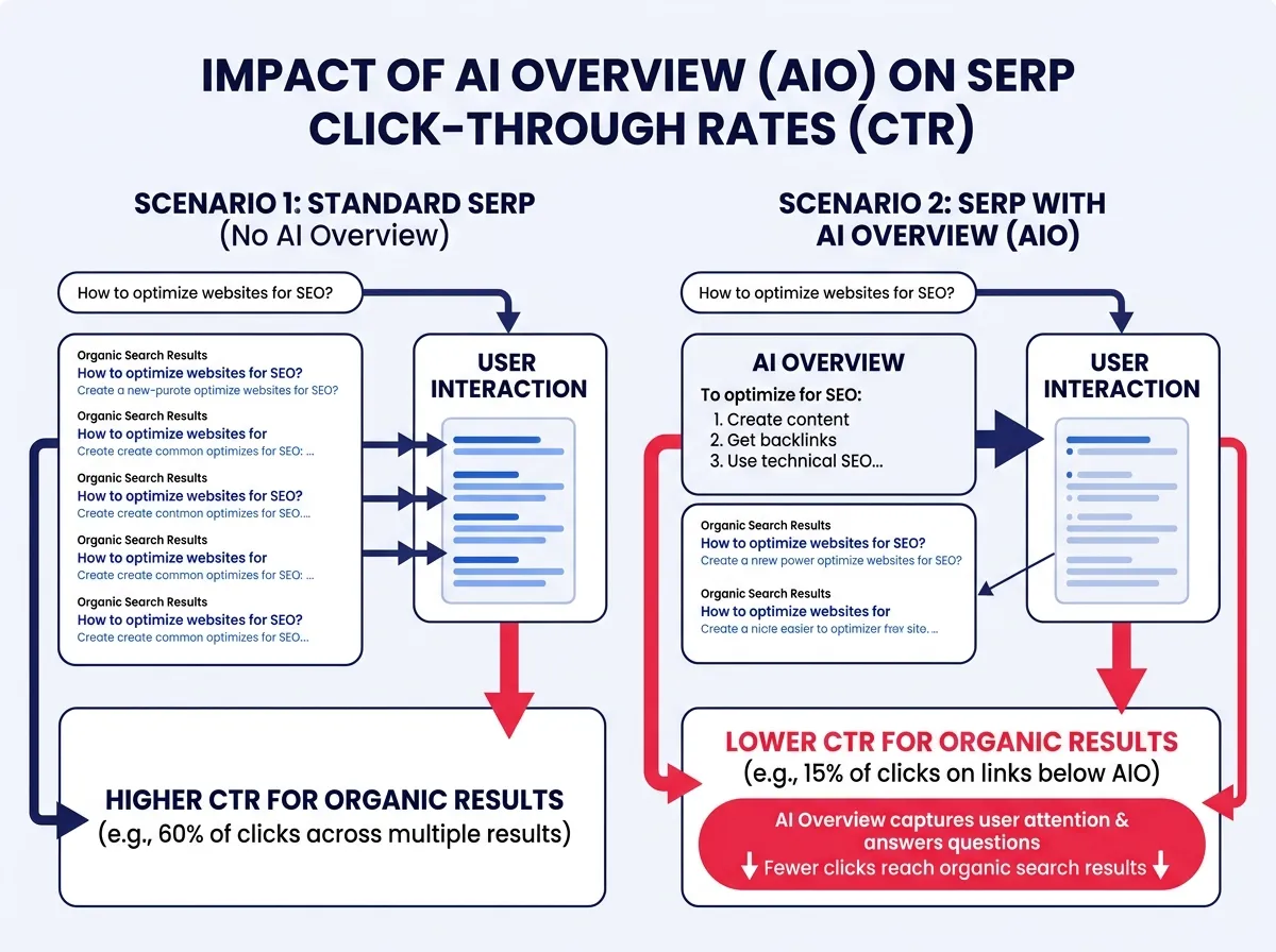 Diagram showing how AI Overview presence reduces click-through rates compared to standard search results pages