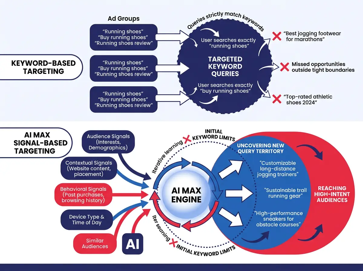 A visual comparison showing keyword-based targeting versus AI Max signal-based targeting, with arrows showing how signals expand beyond keyword boundaries into new query territory