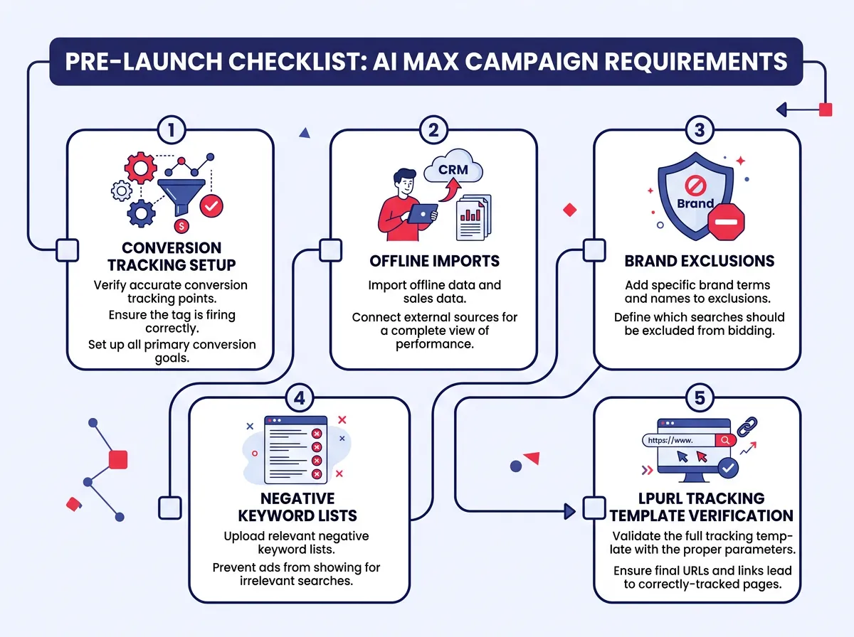 A checklist-style infographic showing the pre-launch requirements for AI Max: conversion tracking setup, offline imports, brand exclusions, negative keyword lists, and lpurl tracking template verification