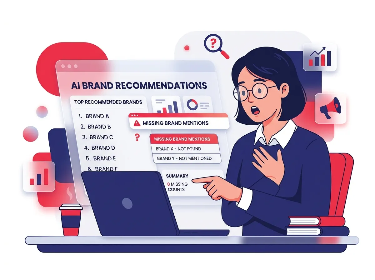 A glassmorphism-themebed marketing professional reviewing AI-generated brand recommendation results on a laptop screen, looking surprised at missing brand mentions