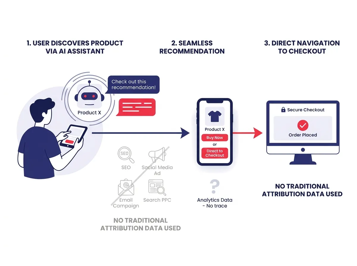 ภาพประกอบที่แสดง Customer Journey ที่ผู้ใช้ค้นพบผลิตภัณฑ์ผ่าน AI assistant และไปยัง checkout โดยตรงโดยไม่ปรากฏใน Attribution data แบบดั้งเดิม
