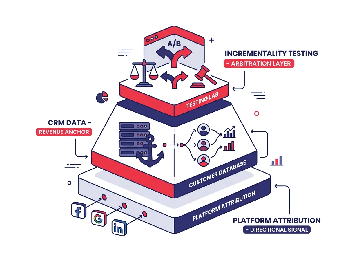 Infographic ลำดับชั้นการวัดผลสามชั้นที่แสดง Platform Attribution เป็นฐานเป็น Directional signal, CRM Data ตรงกลางเป็น Revenue anchor และ Incrementality Testing ด้านบนสุดเป็น Arbitration layer