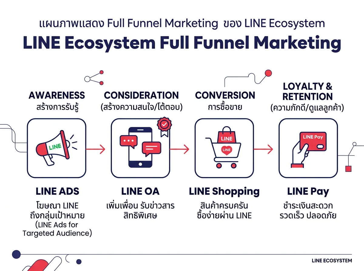 Diagram showing Full Funnel Marketing within the LINE Ecosystem — from LINE ADS and LINE OA to LINE Shopping and LINE Pay