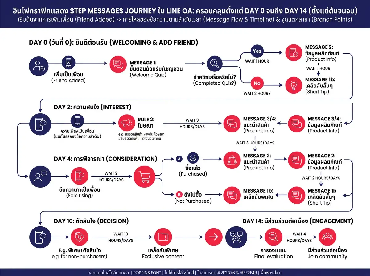 Infographic showing the Step Messages Journey in LINE OA from Day 0 to Day 14, including branching points based on customer behavior