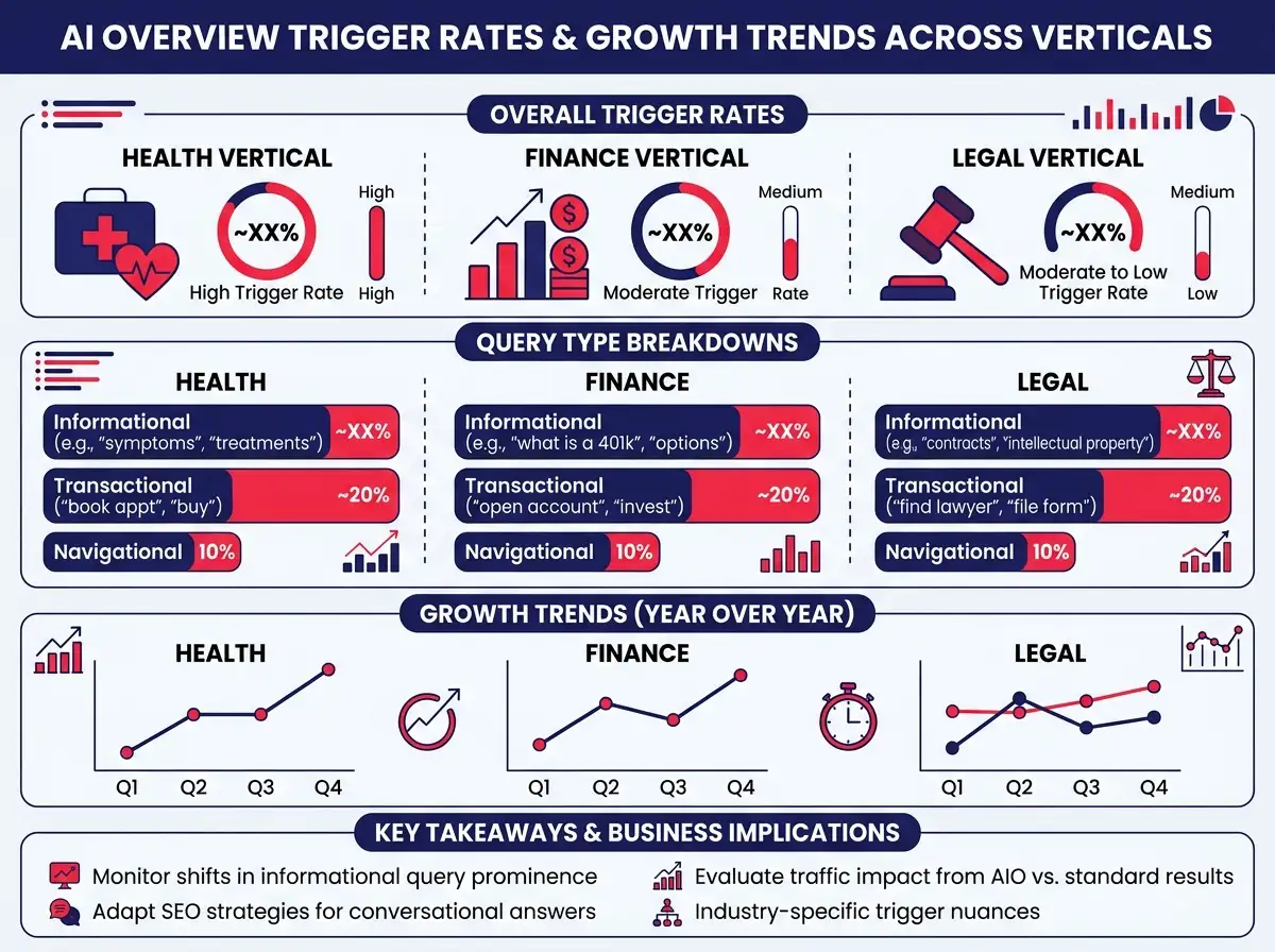 Infographic comparing AI Overview trigger rates across health, finance, and legal verticals with query type breakdowns and growth trends