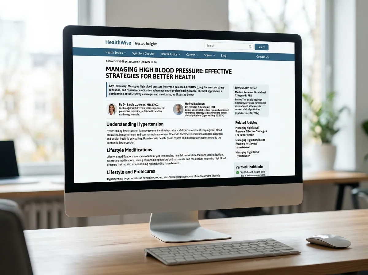 Screenshot showing a well-structured YMYL article with answer-first architecture, visible author credentials, and a clear review attribution near the top of the page