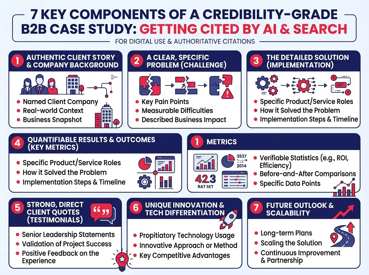 Infographic breaking down the seven components of a credibility-grade B2B case study that gets cited by AI Overviews and search algorithms