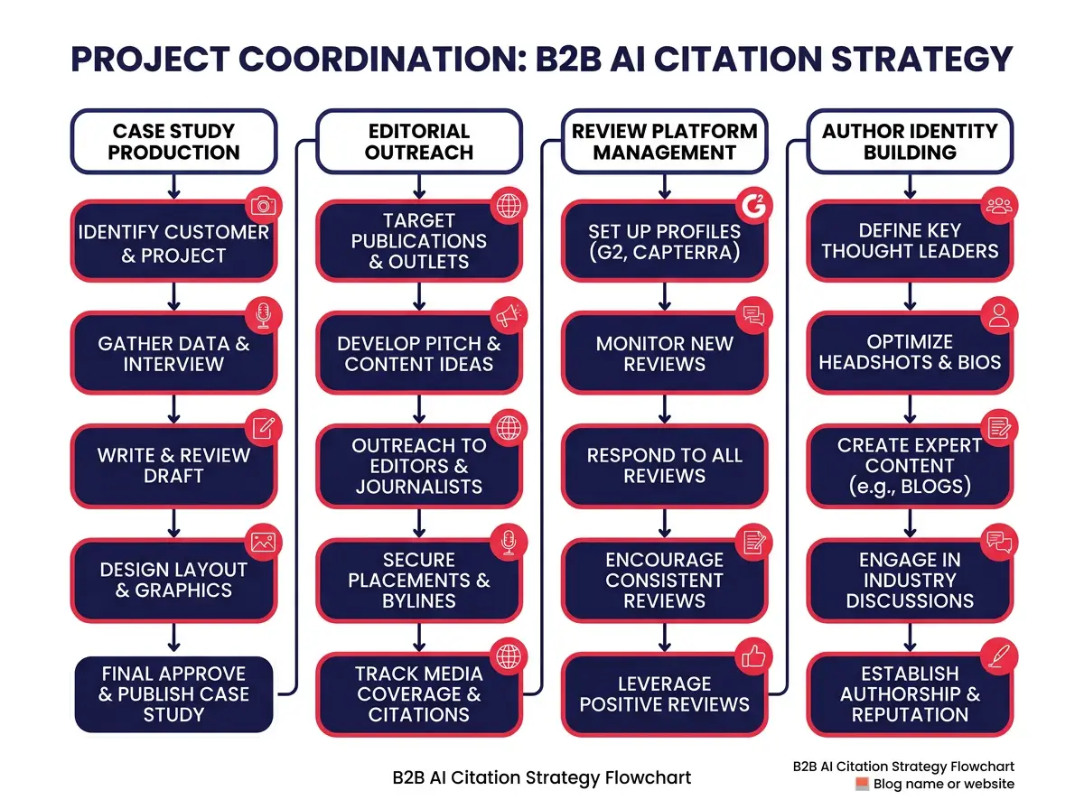 Project coordination diagram showing parallel workstreams for B2B AI citation strategy including case study production, editorial outreach, review platform management, and author identity building
