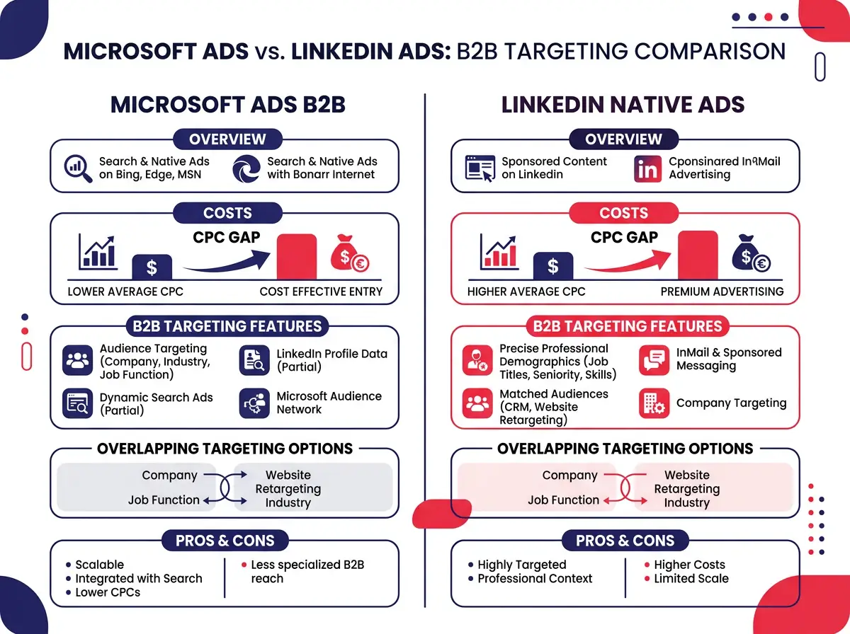 Infographic comparing Microsoft Ads B2B targeting costs and features versus LinkedIn native advertising, highlighting the CPC gap and overlapping targeting options
