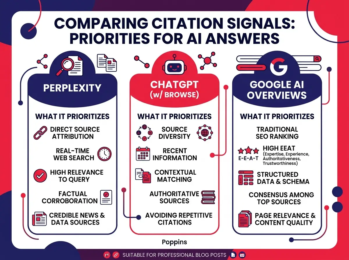 อินโฟกราฟิกเปรียบเทียบสัญญาณการอ้างอิงของ Perplexity, ChatGPT และ Google AI Overviews