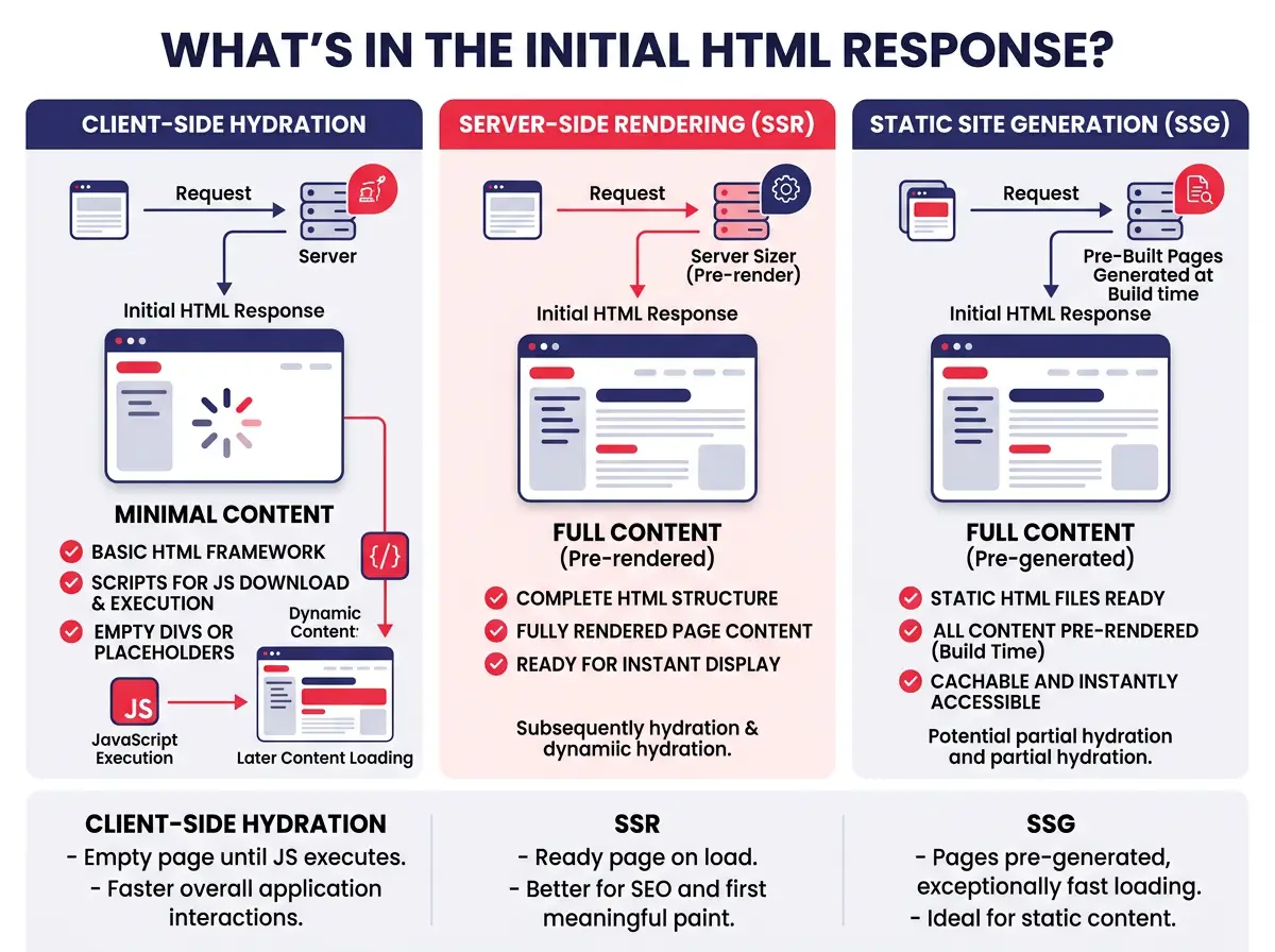 Infographic แสดงความแตกต่างระหว่าง client-side hydration, SSR และ SSG ในแง่ของเนื้อหาที่มีอยู่ใน initial HTML response