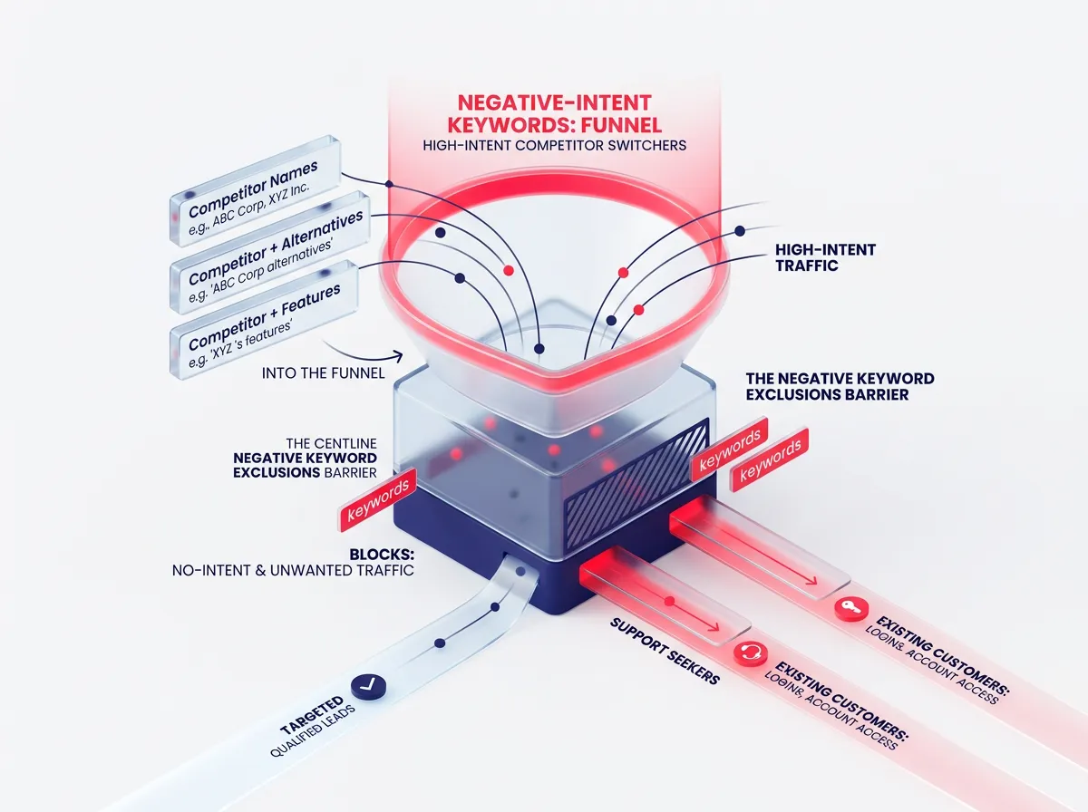 3D isometric, floating glass infographic showing how negative-intent keywords funnel high-intent competitor switchers into the funnel while negative keyword exclusions block existing customers and support seekers. Use vibrant red and blue colors, a gradient, soft volumetric lighting, high detail, 8k resolution, minimalist style.